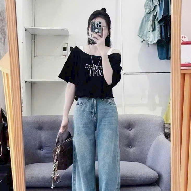 [A435] SET 2 ÁO NHÚM EO NỬA TRƯỚC thun cổ tròn phối chữ POINT dáng croptop trễ vai siêu xinh - L2M (New)