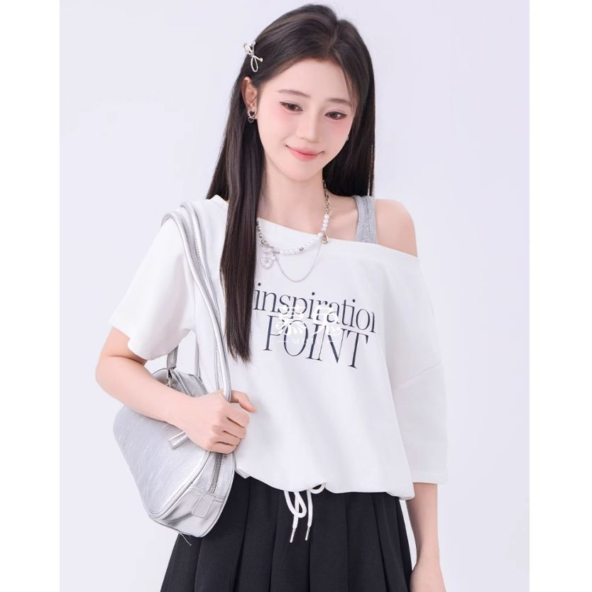 [A435] SET 2 ÁO NHÚM EO NỬA TRƯỚC thun cổ tròn phối chữ POINT dáng croptop trễ vai siêu xinh - L2M (New)