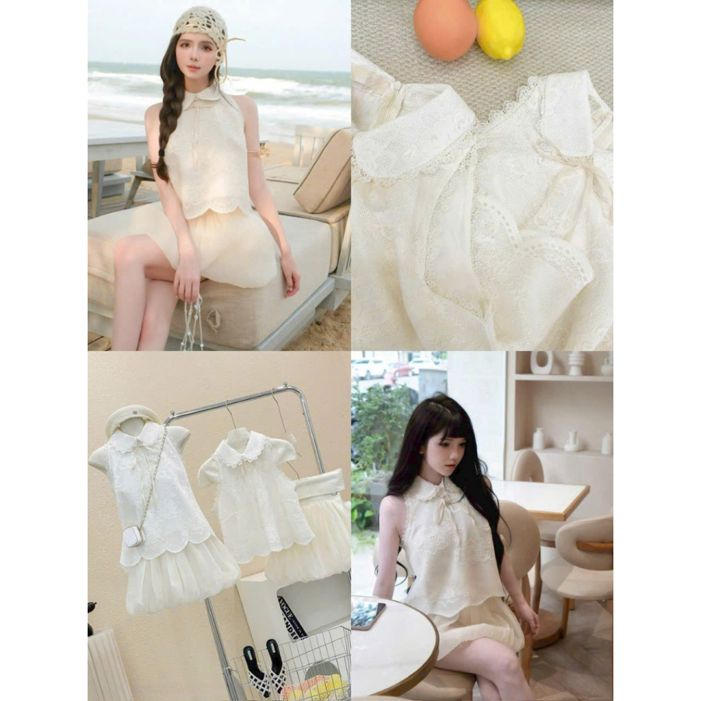 [A436] SET Áo XÔ REN kiểu nữ CỔ SEN PHỐI HOA sát nách phối VÁY BÍ TƠ sang chảnh xinh xắn - L2M (New)