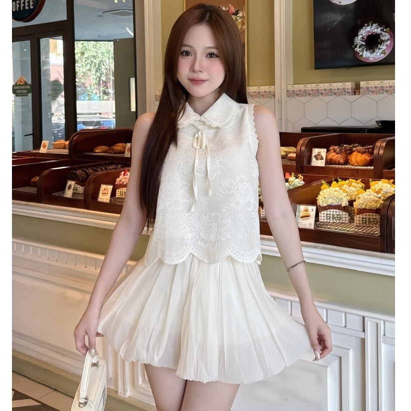 [A436] SET Áo XÔ REN kiểu nữ CỔ SEN PHỐI HOA sát nách phối VÁY BÍ TƠ sang chảnh xinh xắn - L2M (New)