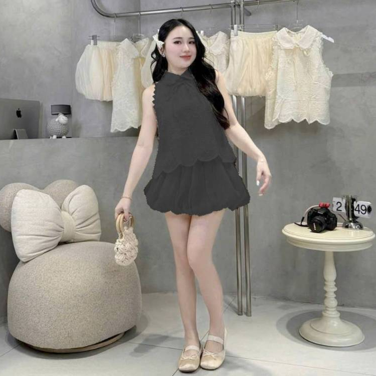 [A436] SET Áo XÔ REN kiểu nữ CỔ SEN PHỐI HOA sát nách phối VÁY BÍ TƠ sang chảnh xinh xắn - L2M (New)