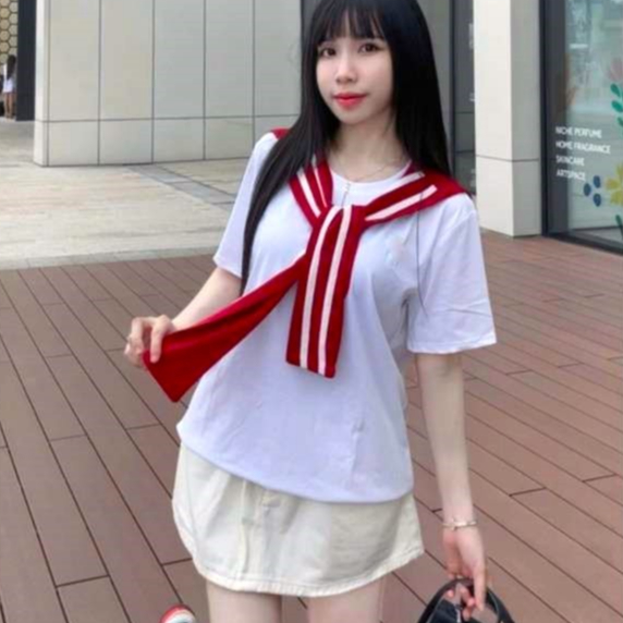 [A425] Áo thun kiểu nữ CỔ PHỐI KHĂN VIỀN LƯNG VUÔNG có logo mềm mịn co giãn 4 chiều loại 1 - L2M
