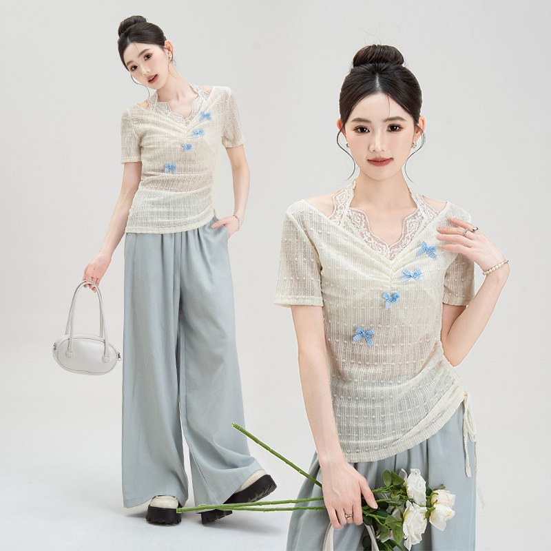 [A438] Áo len kiểu nữ PHỐI REN CỔ YẾM ĐÍNH NƠ dây rút 1 bên eo hàng Quảng Châu xinh xắn - L2M (New)