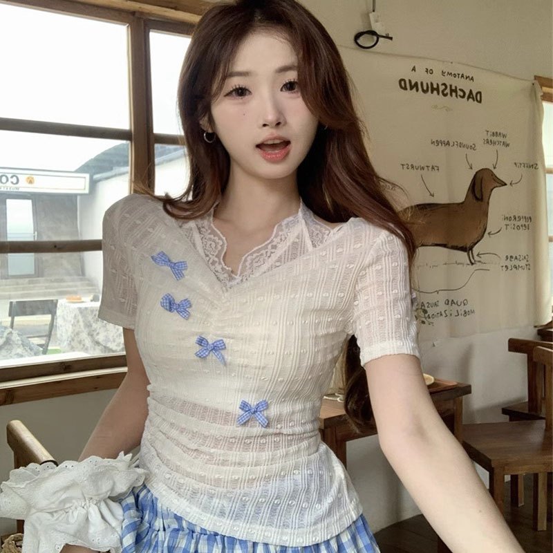 [A438] Áo len kiểu nữ PHỐI REN CỔ YẾM ĐÍNH NƠ dây rút 1 bên eo hàng Quảng Châu xinh xắn - L2M (New)