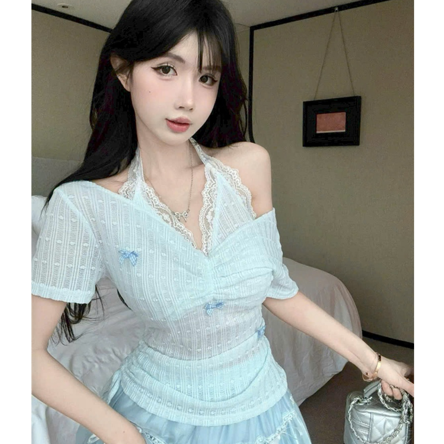 [A438] Áo len kiểu nữ PHỐI REN CỔ YẾM ĐÍNH NƠ dây rút 1 bên eo hàng Quảng Châu xinh xắn - L2M (New)