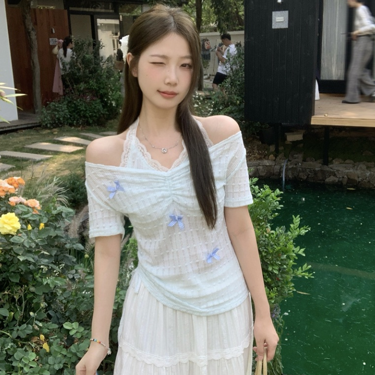 [A438] Áo len kiểu nữ PHỐI REN CỔ YẾM ĐÍNH NƠ dây rút 1 bên eo hàng Quảng Châu xinh xắn - L2M (New)