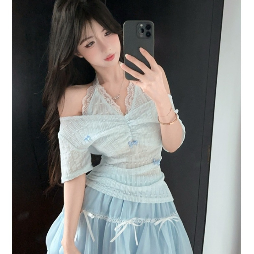 [A438] Áo len kiểu nữ PHỐI REN CỔ YẾM ĐÍNH NƠ dây rút 1 bên eo hàng Quảng Châu xinh xắn - L2M (New)