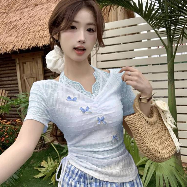 [A438] Áo len kiểu nữ PHỐI REN CỔ YẾM ĐÍNH NƠ dây rút 1 bên eo hàng Quảng Châu xinh xắn - L2M (New)