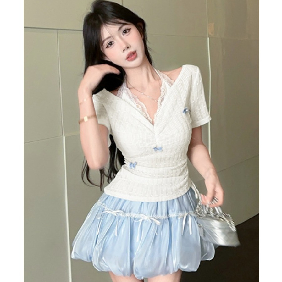 [A438] Áo len kiểu nữ PHỐI REN CỔ YẾM ĐÍNH NƠ dây rút 1 bên eo hàng Quảng Châu xinh xắn - L2M (New)