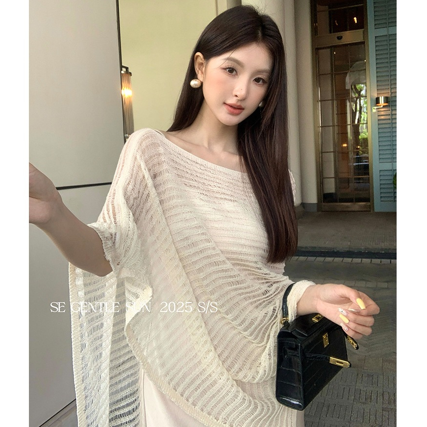 [A440] Áo LƯỚI len Montoghi dệt kim CHUI ĐẦU VẠT NHỌN phối choàng phong cách sang trọng - L2M (New)