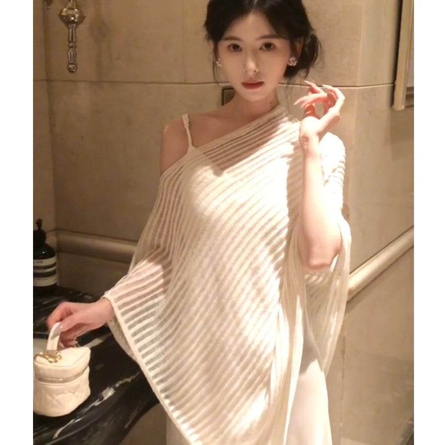 [A440] Áo LƯỚI len Montoghi dệt kim CHUI ĐẦU VẠT NHỌN phối choàng phong cách sang trọng - L2M (New)