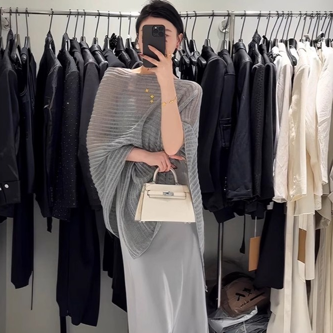 [A440] Áo LƯỚI len Montoghi dệt kim CHUI ĐẦU VẠT NHỌN phối choàng phong cách sang trọng - L2M (New)