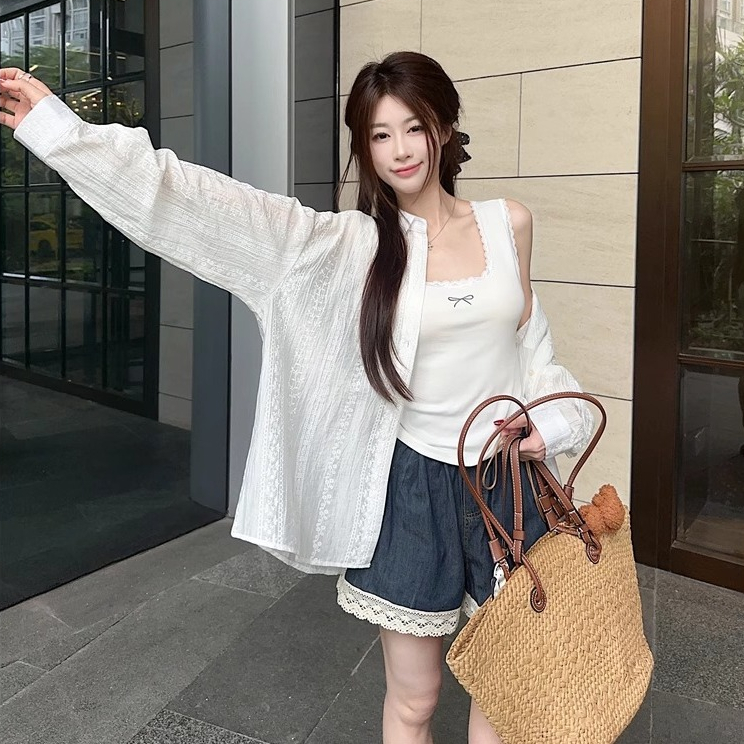 [A439] Set (2 MÓN) Áo sơ mi kiểu nữ MỎNG HÌNH REN HOA tay dài phối lót IN NƠ hot trend - L2M (New)