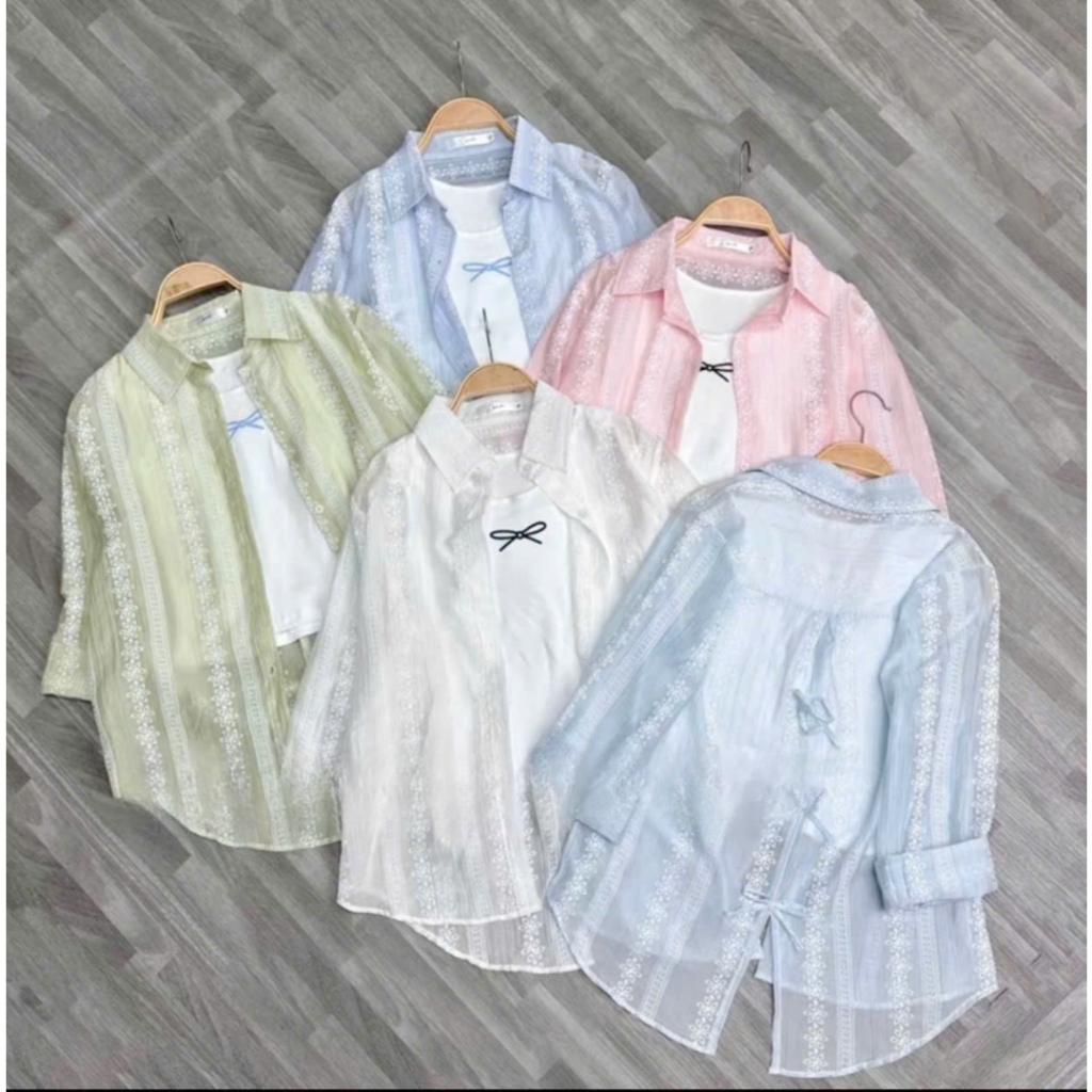 [A439] Set (2 MÓN) Áo sơ mi kiểu nữ MỎNG HÌNH REN HOA tay dài phối lót IN NƠ hot trend - L2M (New)
