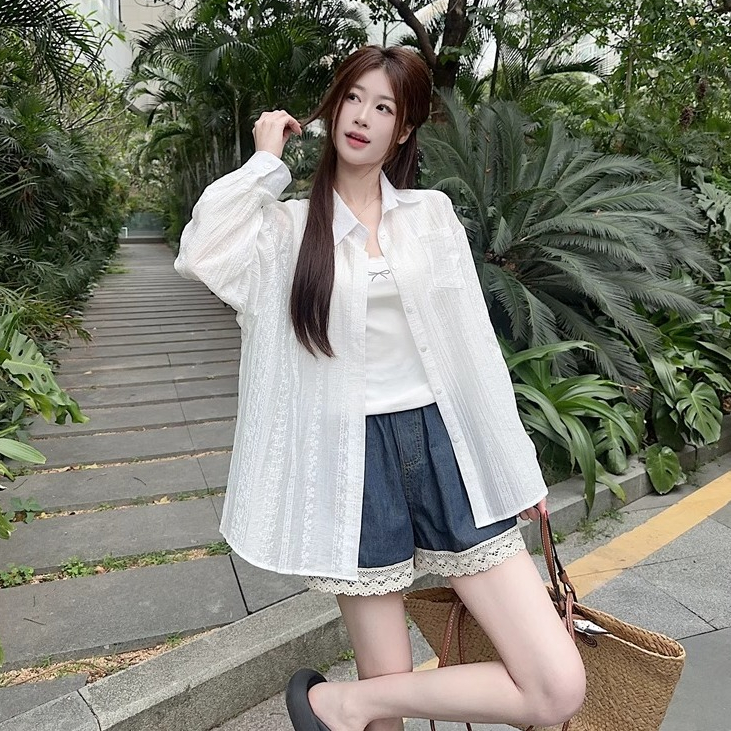 [A439] Set (2 MÓN) Áo sơ mi kiểu nữ MỎNG HÌNH REN HOA tay dài phối lót IN NƠ hot trend - L2M (New)