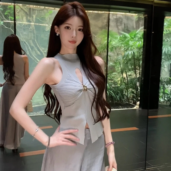 [A442] Áo len Montoghi dệt kim 3 lỗ CUT OUT CÀI KHUY GIỮA  dáng xẻ tà ôm body tôn dáng - L2M (New)