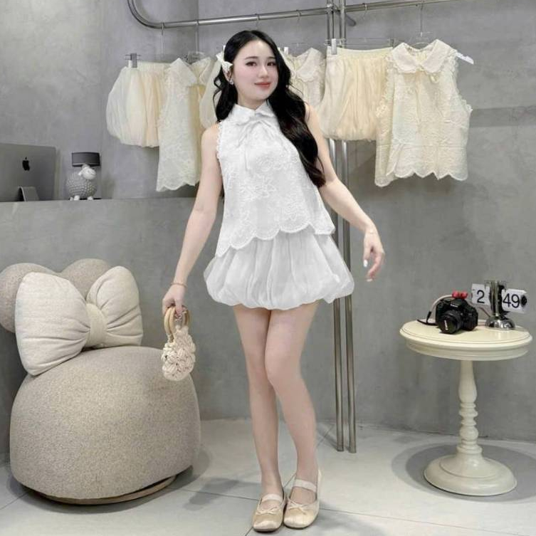 [A436] SET Áo XÔ REN kiểu nữ CỔ SEN PHỐI HOA sát nách phối VÁY BÍ TƠ sang chảnh xinh xắn - L2M (New)