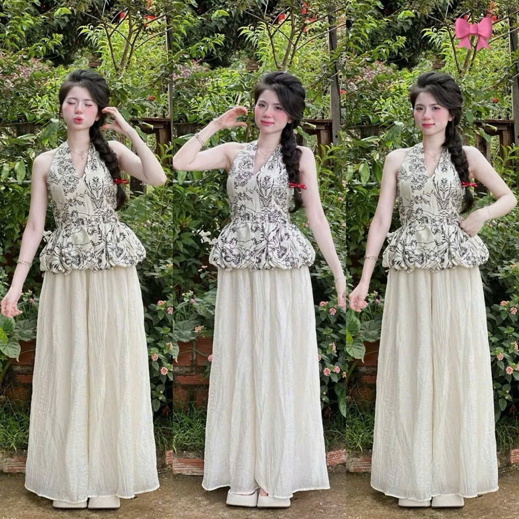 [A446] Set Áo kiểu CỔ YẾM VẼ HOA VĂN có mút kèm QUẦN TƠ GÃY 2 lớp ống rộng lưng chun tôn dáng - L2M (New)