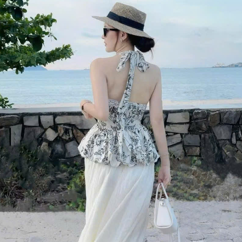 [A446] Set Áo kiểu CỔ YẾM VẼ HOA VĂN có mút kèm QUẦN TƠ GÃY 2 lớp ống rộng lưng chun tôn dáng - L2M (New)