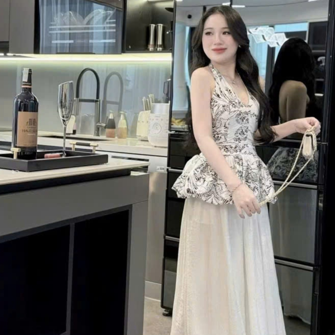 [A446] Set Áo kiểu CỔ YẾM VẼ HOA VĂN có mút kèm QUẦN TƠ GÃY 2 lớp ống rộng lưng chun tôn dáng - L2M (New)