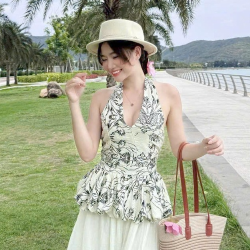 [A446] Set Áo kiểu CỔ YẾM VẼ HOA VĂN có mút kèm QUẦN TƠ GÃY 2 lớp ống rộng lưng chun tôn dáng - L2M (New)