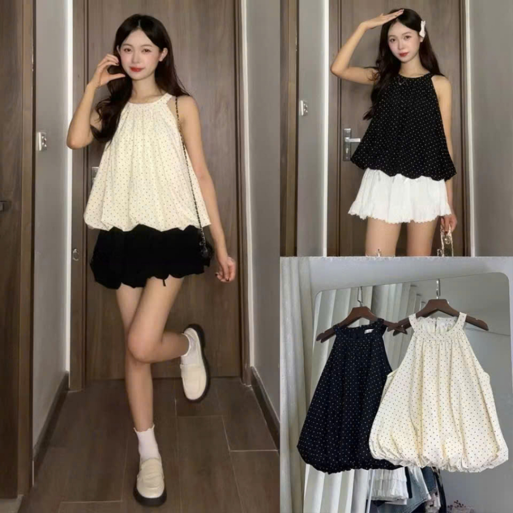 [A443] Áo kiểu nữ cổ yếm TRÒN DÁNG BÍ PHỒNG XÒE baby kiểu chấm bi xinh xắn hot trend - L2M