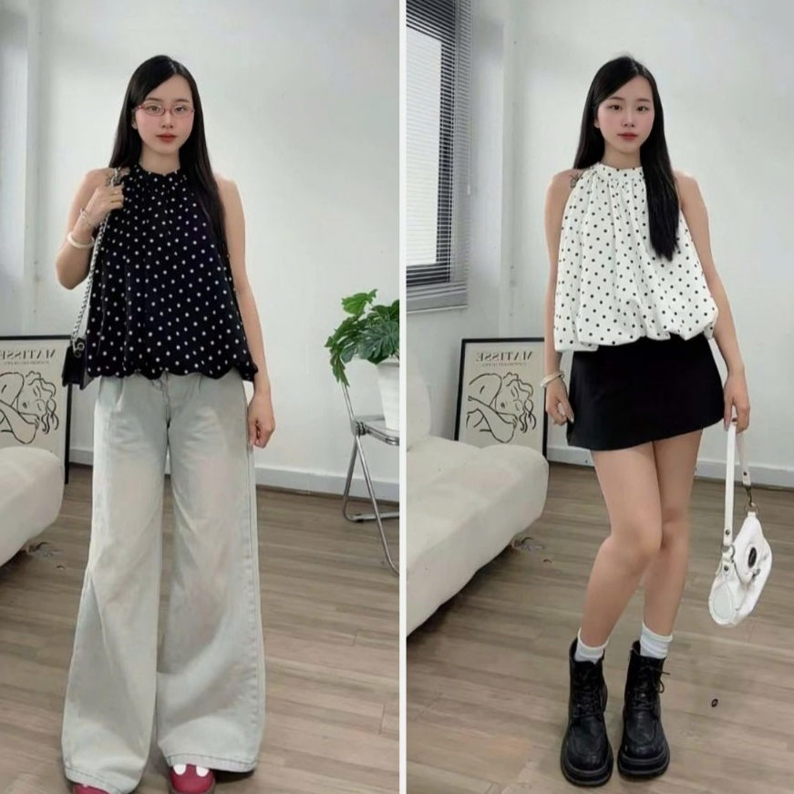 [A443] Áo kiểu nữ cổ yếm TRÒN DÁNG BÍ PHỒNG XÒE baby kiểu chấm bi xinh xắn hot trend - L2M