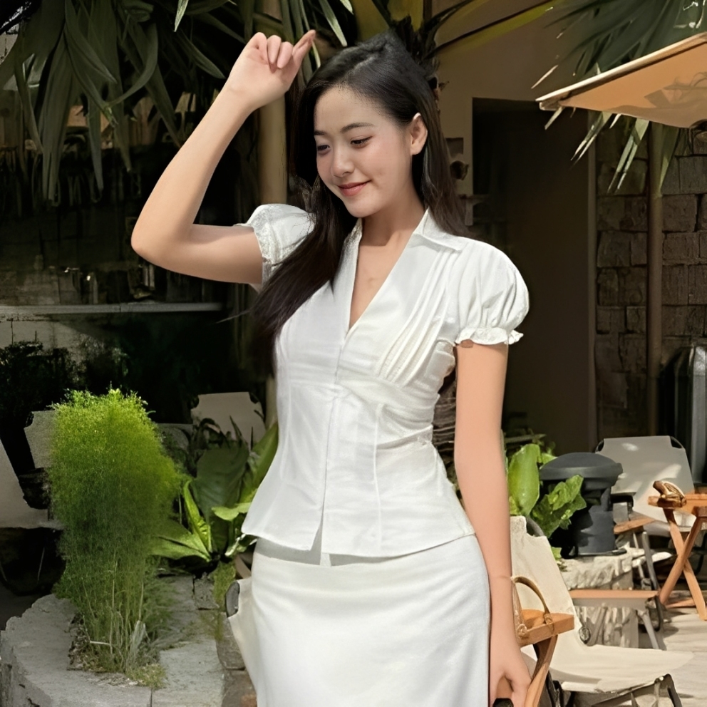 [A448] Set Áo sơ mi kiểu nữ CỔ V VIỀN SỢI tay phồng và CHÂN VÁY XÁM tôn dáng xinh xắn hot - L2M (New)
