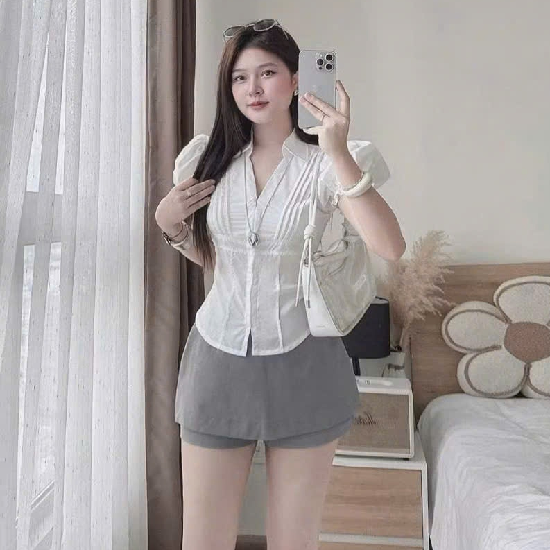 [A448] Set Áo sơ mi kiểu nữ CỔ V VIỀN SỢI tay phồng và CHÂN VÁY XÁM tôn dáng xinh xắn hot - L2M (New)