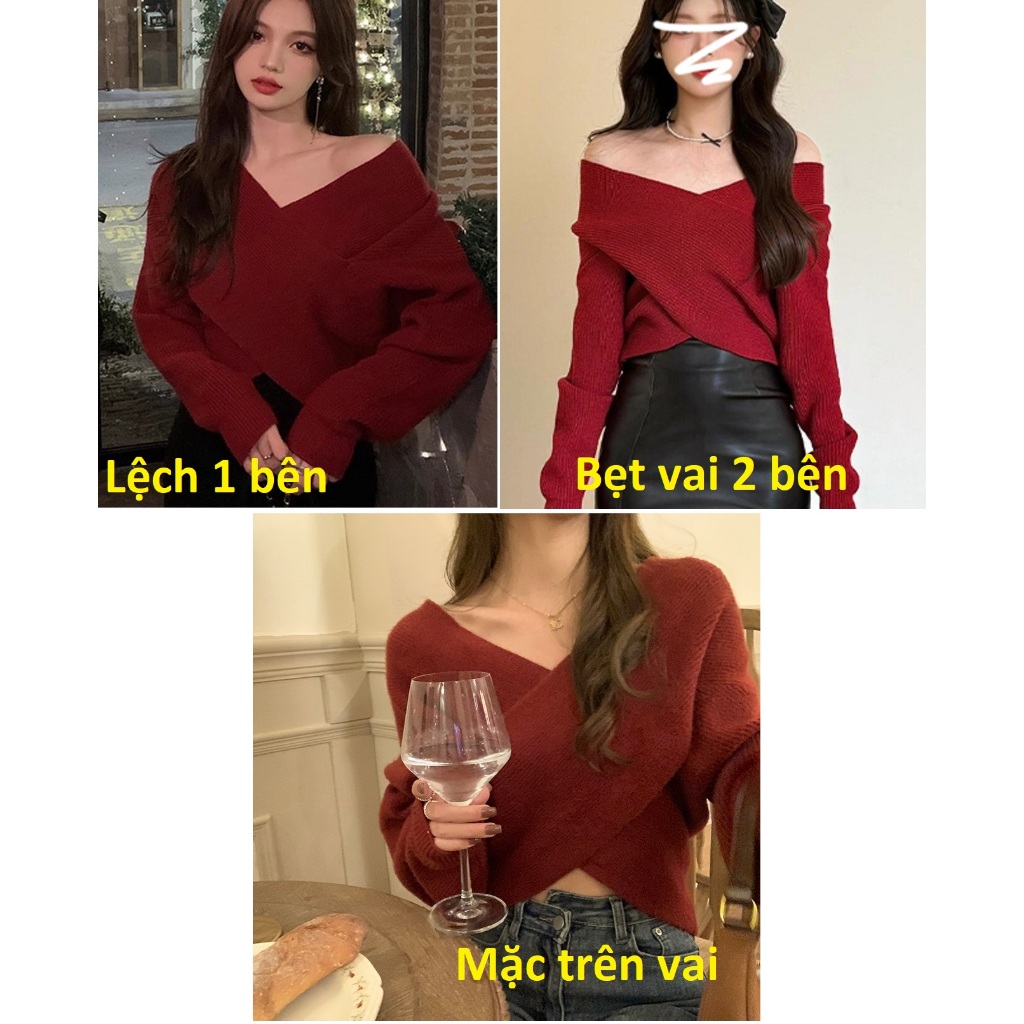 [A451] Áo len nữ Montoghi dệt kim PHỐI CHÉO 2 BÊN mặc được nhiều kiểu tay dài sang trọng - L2M (New)