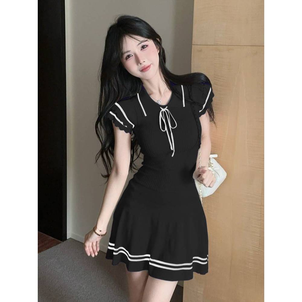 [A450] Set Áo THUN TĂM nữ VAI BÈO VIỀN THẮT NƠ kèm CHÂN VÁY XẾP LY có lót trong nữ tính - L2M (New)