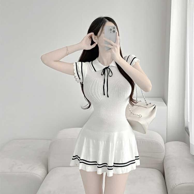 [A450] Set Áo THUN TĂM nữ VAI BÈO VIỀN THẮT NƠ kèm CHÂN VÁY XẾP LY có lót trong nữ tính - L2M (New)