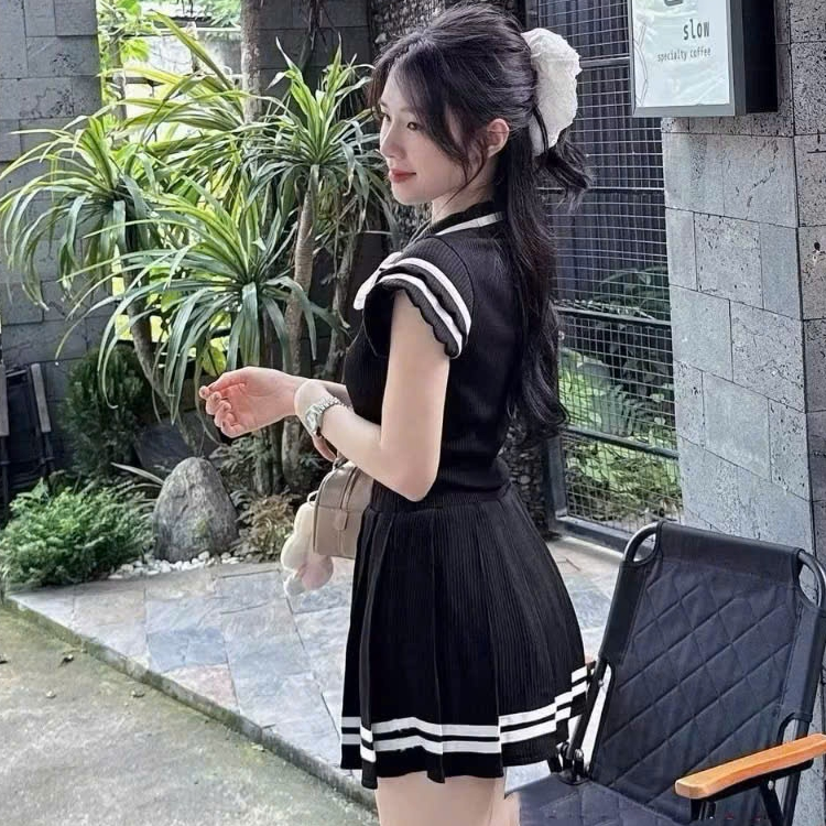 [A450] Set Áo THUN TĂM nữ VAI BÈO VIỀN THẮT NƠ kèm CHÂN VÁY XẾP LY có lót trong nữ tính - L2M (New)