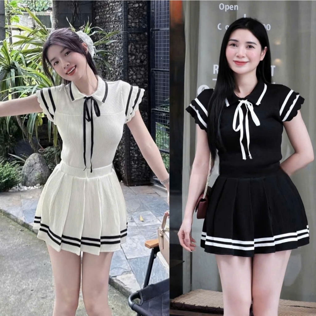 [A450] Set Áo THUN TĂM nữ VAI BÈO VIỀN THẮT NƠ kèm CHÂN VÁY XẾP LY có lót trong nữ tính - L2M (New)