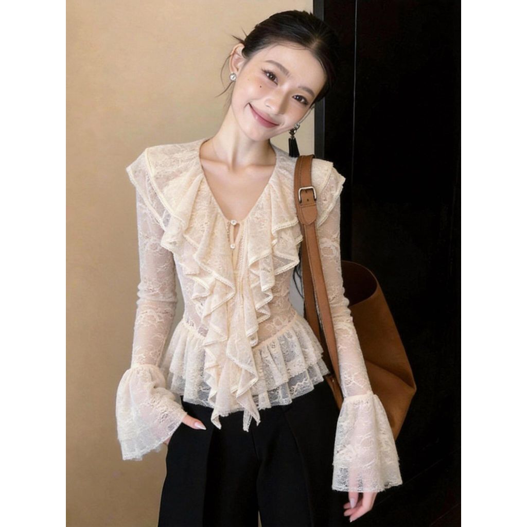 [A491] Áo len kiểu nữ PHỐI BÈO 2 CÁNH TAY LOE dài họa tiết hàng Quảng Châu sang chảnh - L2M (New)