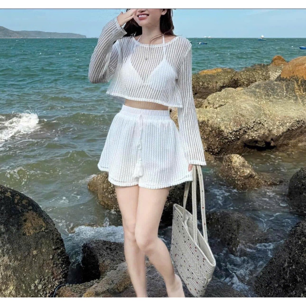[A479] SET (3 MÓN) áo len LƯỚI KÈM LÓT PHỐI QUẦN SHORT LƯỚI thời trang đi biển xinh xắn - L2M (New)