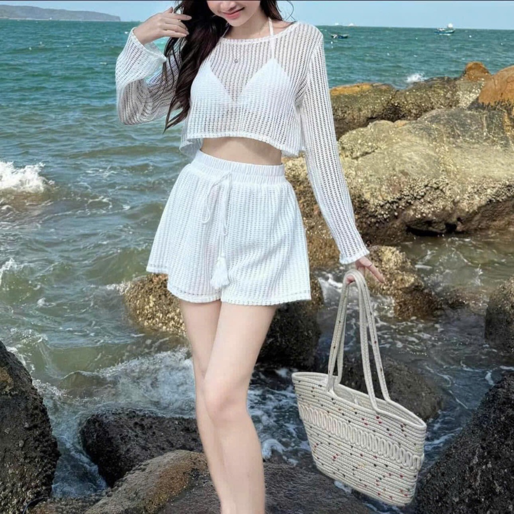 [A479] SET (3 MÓN) áo len LƯỚI KÈM LÓT PHỐI QUẦN SHORT LƯỚI thời trang đi biển xinh xắn - L2M (New)