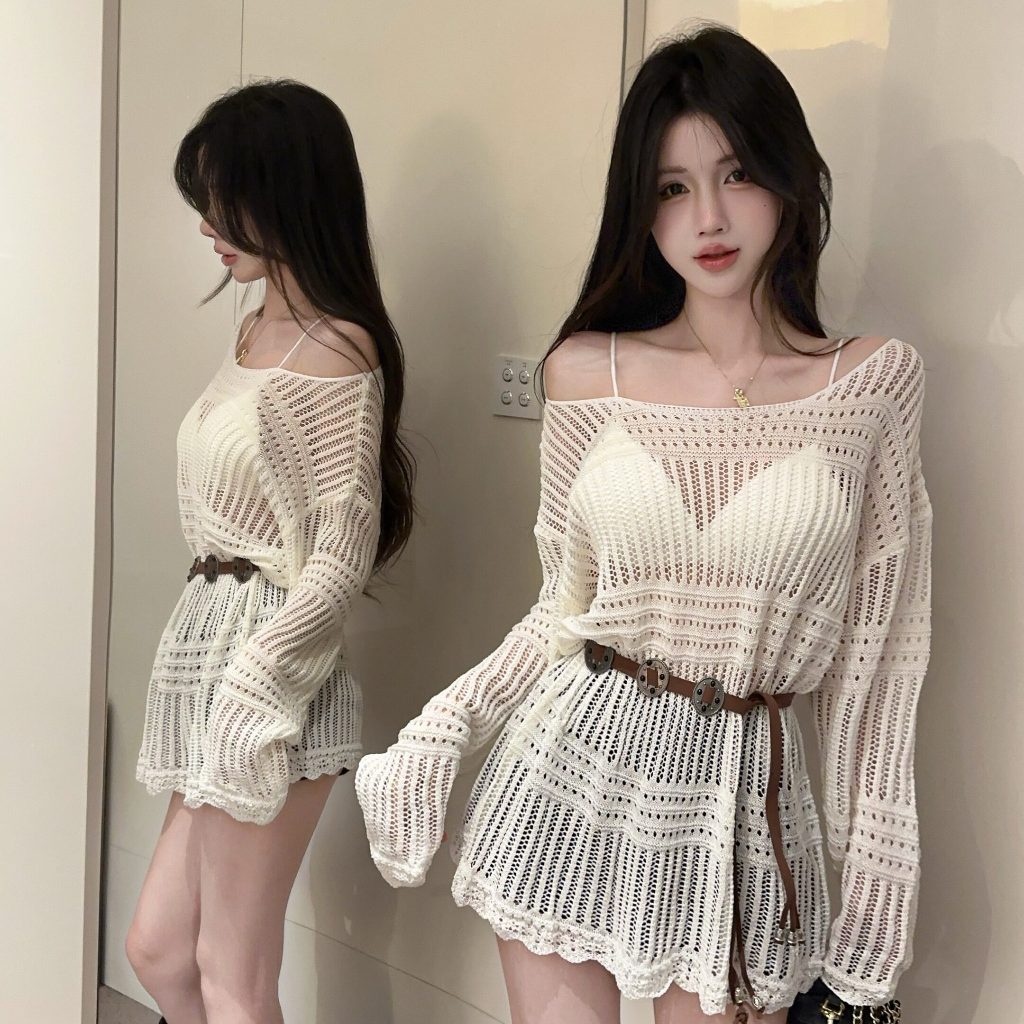 [A482] SET Áo len montoghi LƯỚI HỌA TIẾT TRÒN DỌC form rộng KÈM ĐAI ĐỒNG XU mặc ngoài đi biển dễ phối đồ - L2M (New)