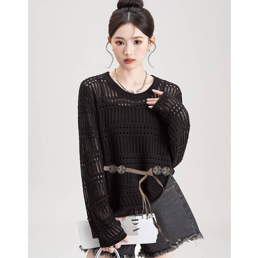 [A482] SET Áo len montoghi LƯỚI HỌA TIẾT TRÒN DỌC form rộng KÈM ĐAI ĐỒNG XU mặc ngoài đi biển dễ phối đồ - L2M (New)
