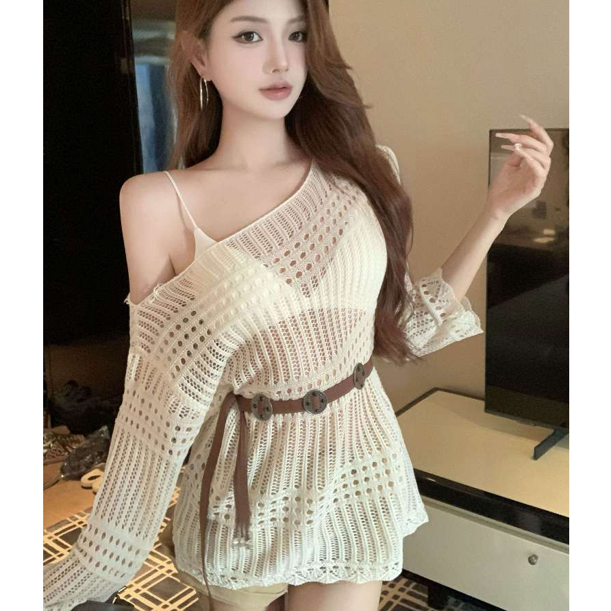 [A482] SET Áo len montoghi LƯỚI HỌA TIẾT TRÒN DỌC form rộng KÈM ĐAI ĐỒNG XU mặc ngoài đi biển dễ phối đồ - L2M (New)