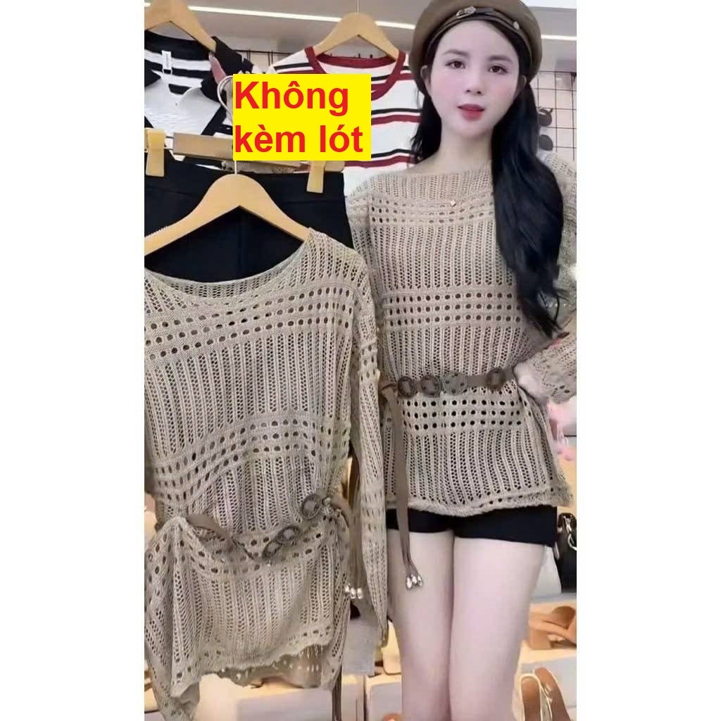 [A482] SET Áo len montoghi LƯỚI HỌA TIẾT TRÒN DỌC form rộng KÈM ĐAI ĐỒNG XU mặc ngoài đi biển dễ phối đồ - L2M (New)