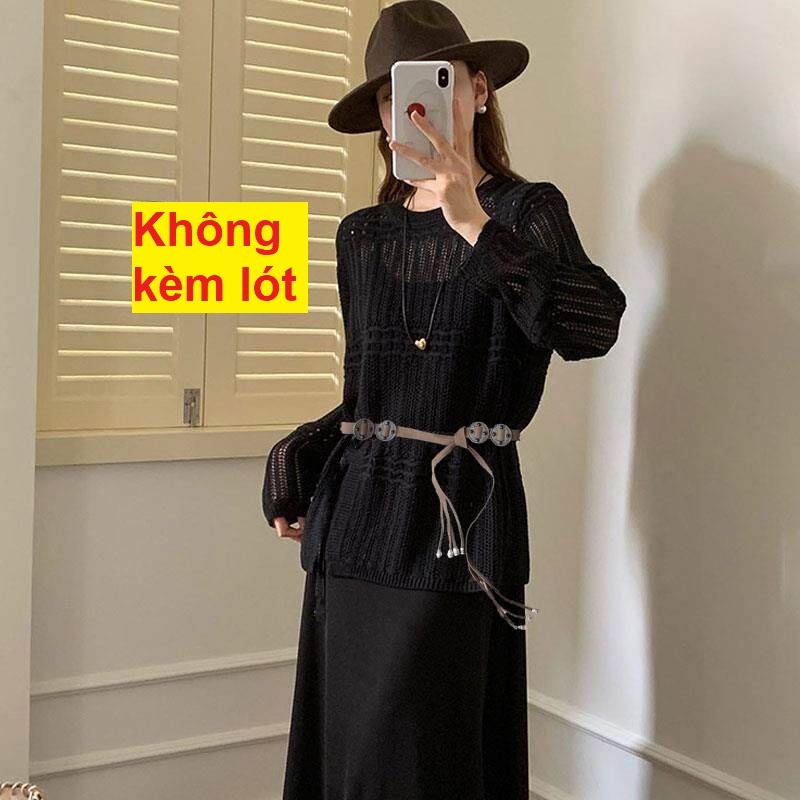 [A482] SET Áo len montoghi LƯỚI HỌA TIẾT TRÒN DỌC form rộng KÈM ĐAI ĐỒNG XU mặc ngoài đi biển dễ phối đồ - L2M (New)