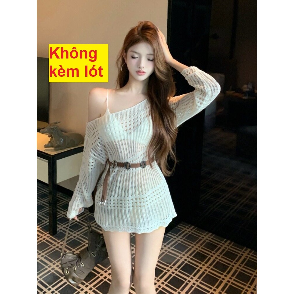 [A482] SET Áo len montoghi LƯỚI HỌA TIẾT TRÒN DỌC form rộng KÈM ĐAI ĐỒNG XU mặc ngoài đi biển dễ phối đồ - L2M (New)