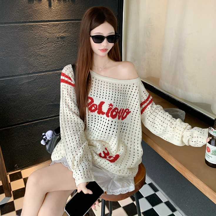 [A484] Áo len LƯỚI montoghi dệt kim PHỐI CHỮ VIỀN TAY form rộng mặc ngoài đi biển dễ phối đồ - L2M (New)