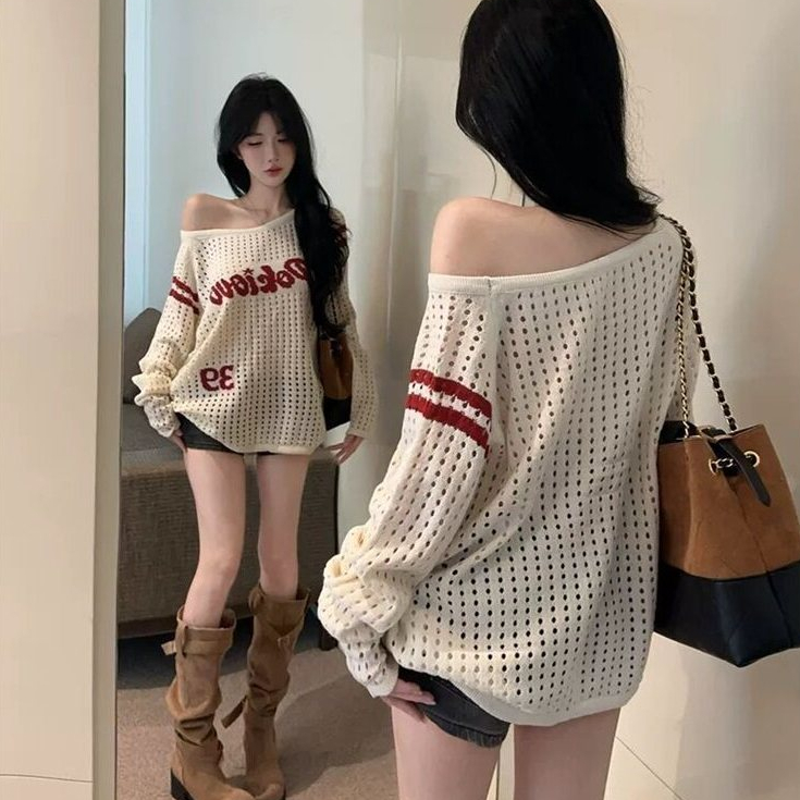 [A484] Áo len LƯỚI montoghi dệt kim PHỐI CHỮ VIỀN TAY form rộng mặc ngoài đi biển dễ phối đồ - L2M (New)