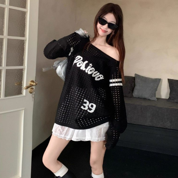[A484] Áo len LƯỚI montoghi dệt kim PHỐI CHỮ VIỀN TAY form rộng mặc ngoài đi biển dễ phối đồ - L2M (New)