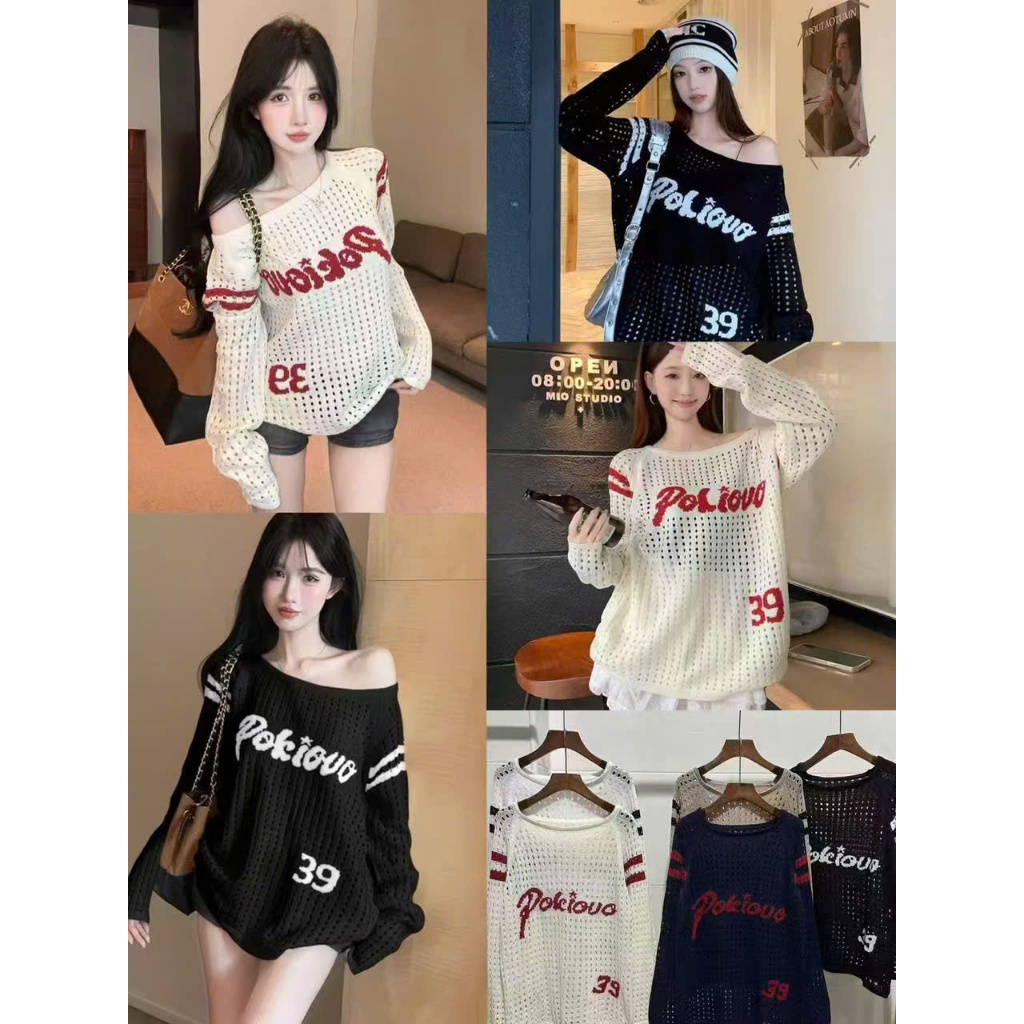 [A484] Áo len LƯỚI montoghi dệt kim PHỐI CHỮ VIỀN TAY form rộng mặc ngoài đi biển dễ phối đồ - L2M (New)