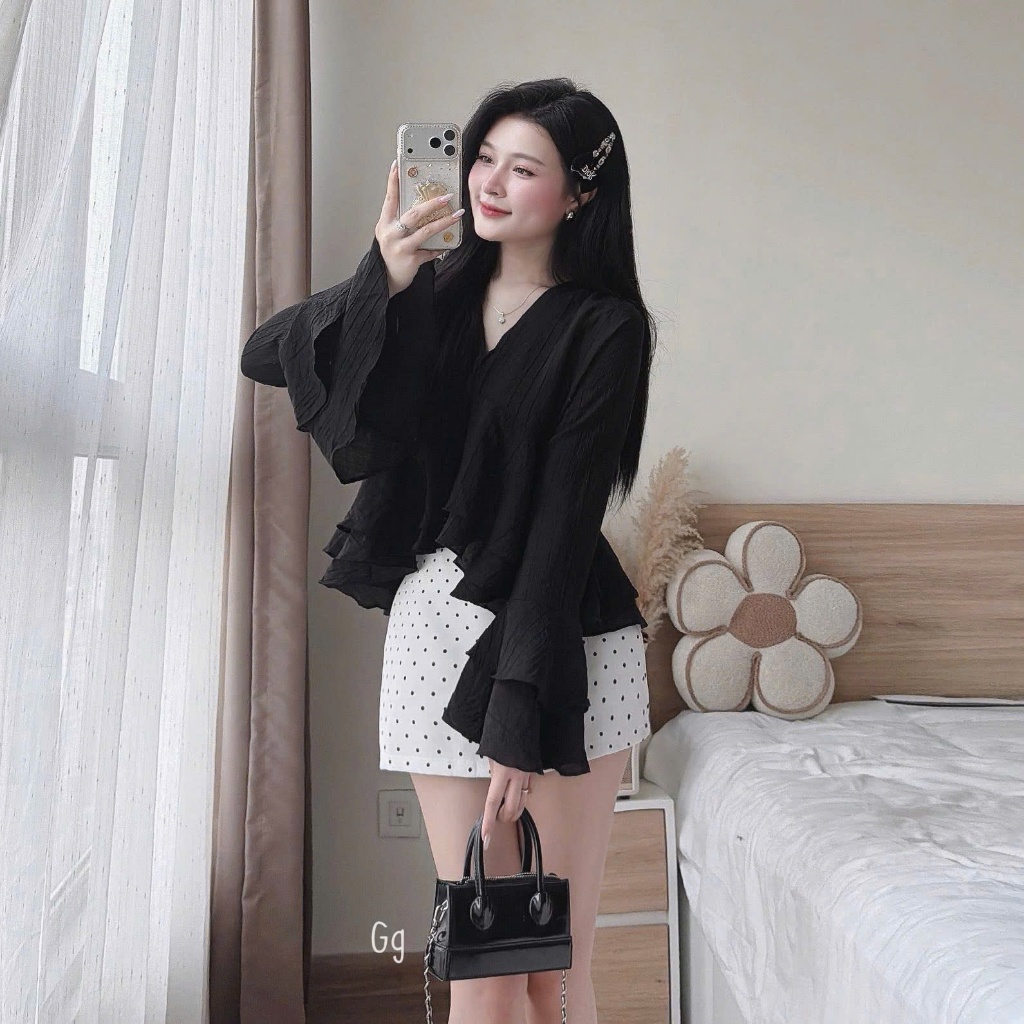 [A489] SET (2 MÓN) áo kiểu nữ BABY BÈO TẦNG TAY LOE phối CHÂN VÁY BI có lót trong xinh xắn - L2M (New)