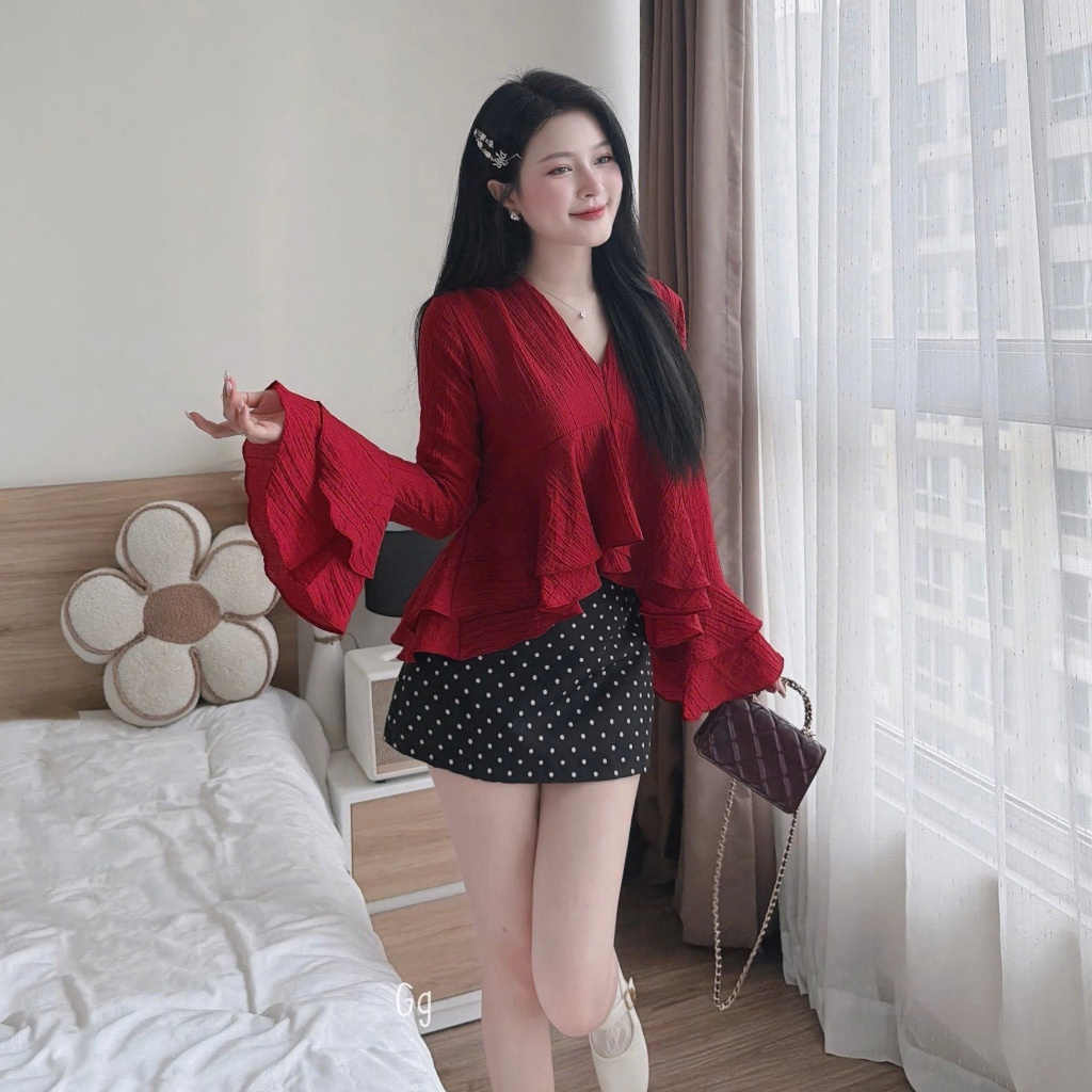 [A489] SET (2 MÓN) áo kiểu nữ BABY BÈO TẦNG TAY LOE phối CHÂN VÁY BI có lót trong xinh xắn - L2M (New)
