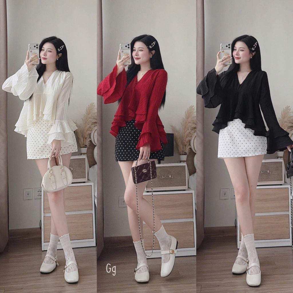 [A489] SET (2 MÓN) áo kiểu nữ BABY BÈO TẦNG TAY LOE phối CHÂN VÁY BI có lót trong xinh xắn - L2M (New)